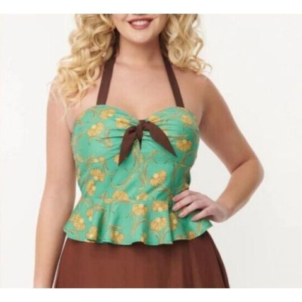 UNIQUE VINTAGE Halter Top Size Medium 6-8 Green Yellow Smiley Retro Peplum